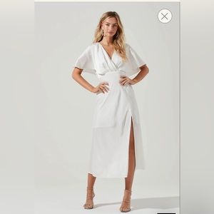 ASTR The Label Alessia Satin Flutter Sleeve MIDI Dress in White, Size Large